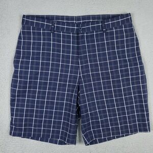 Pebble Beach Performance Blue Plaid Flat Front Chinos Shorts Mens Size 36
